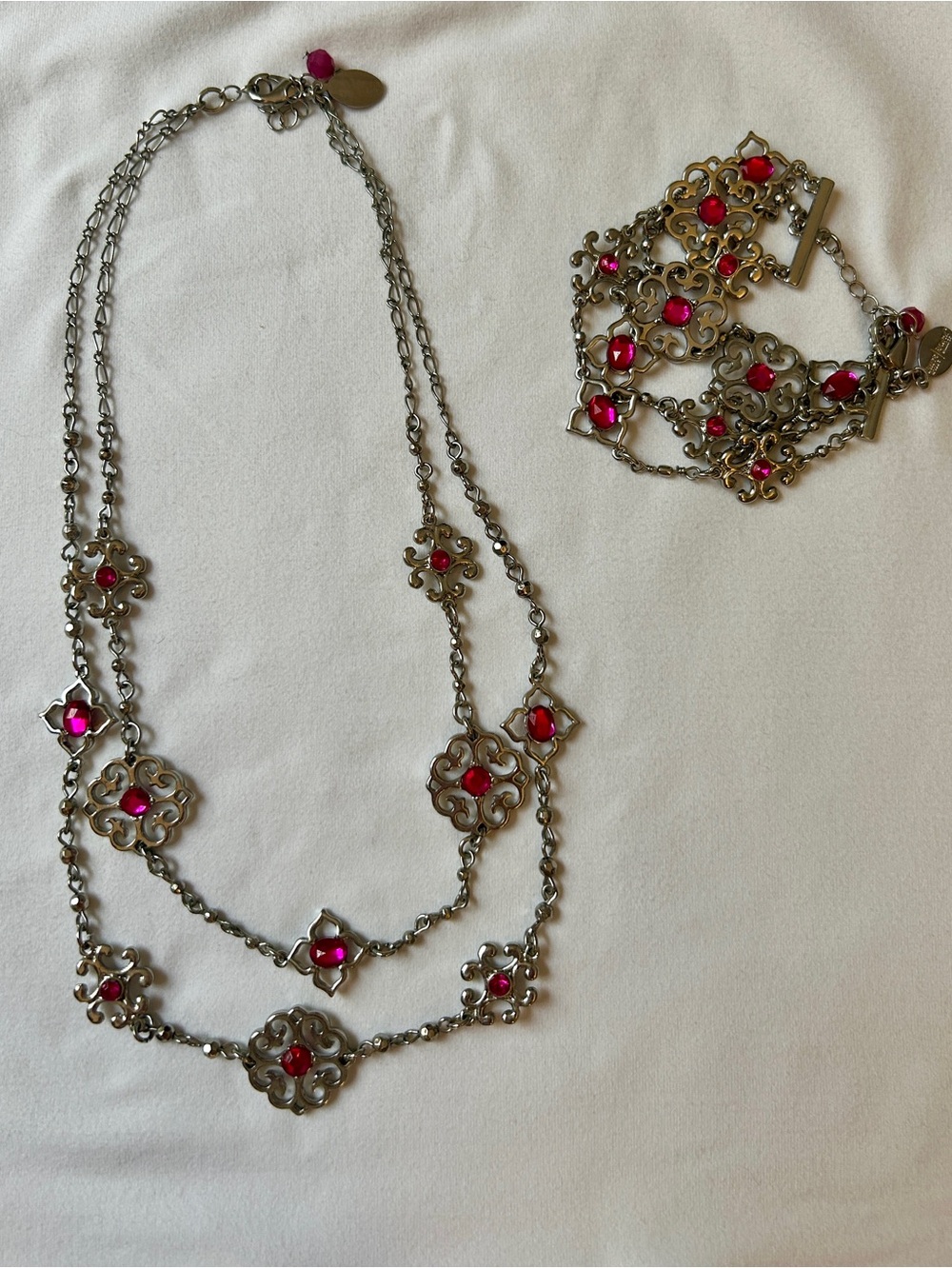 White House Black Market Silver-Tone Pink Gem Floral Necklace & Bracelet Set
